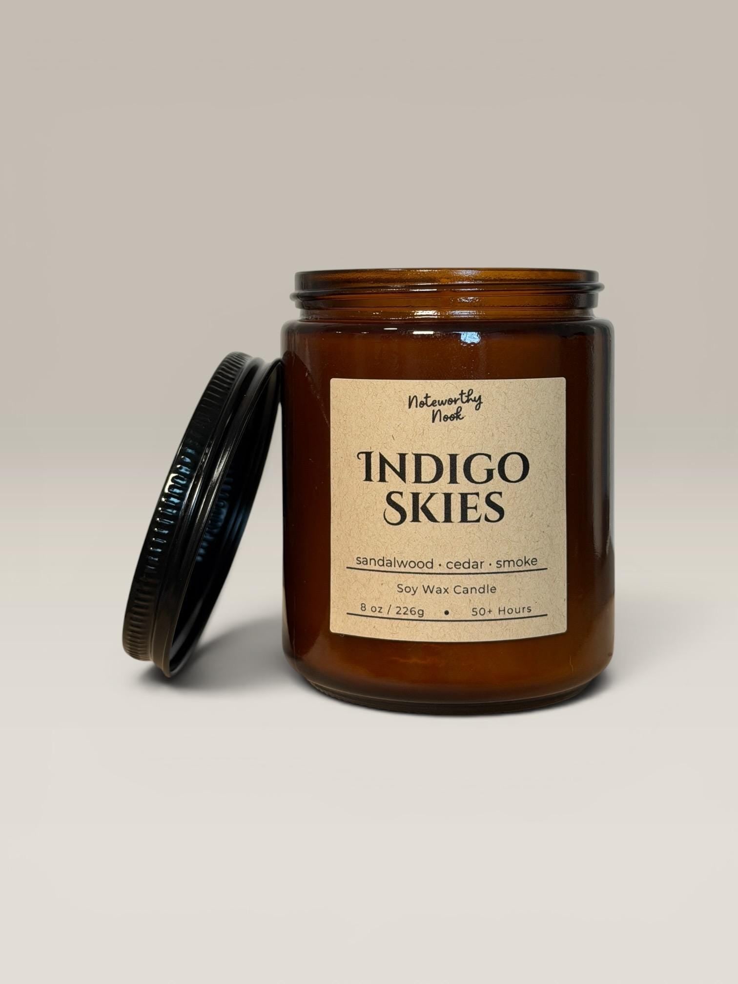 Sandalwood Cedar Candle, Warm Woodsy Scent, Cozy Musky Candle, Moody Aesthetic Gift, Leather Musk Notes, Indigo Skies