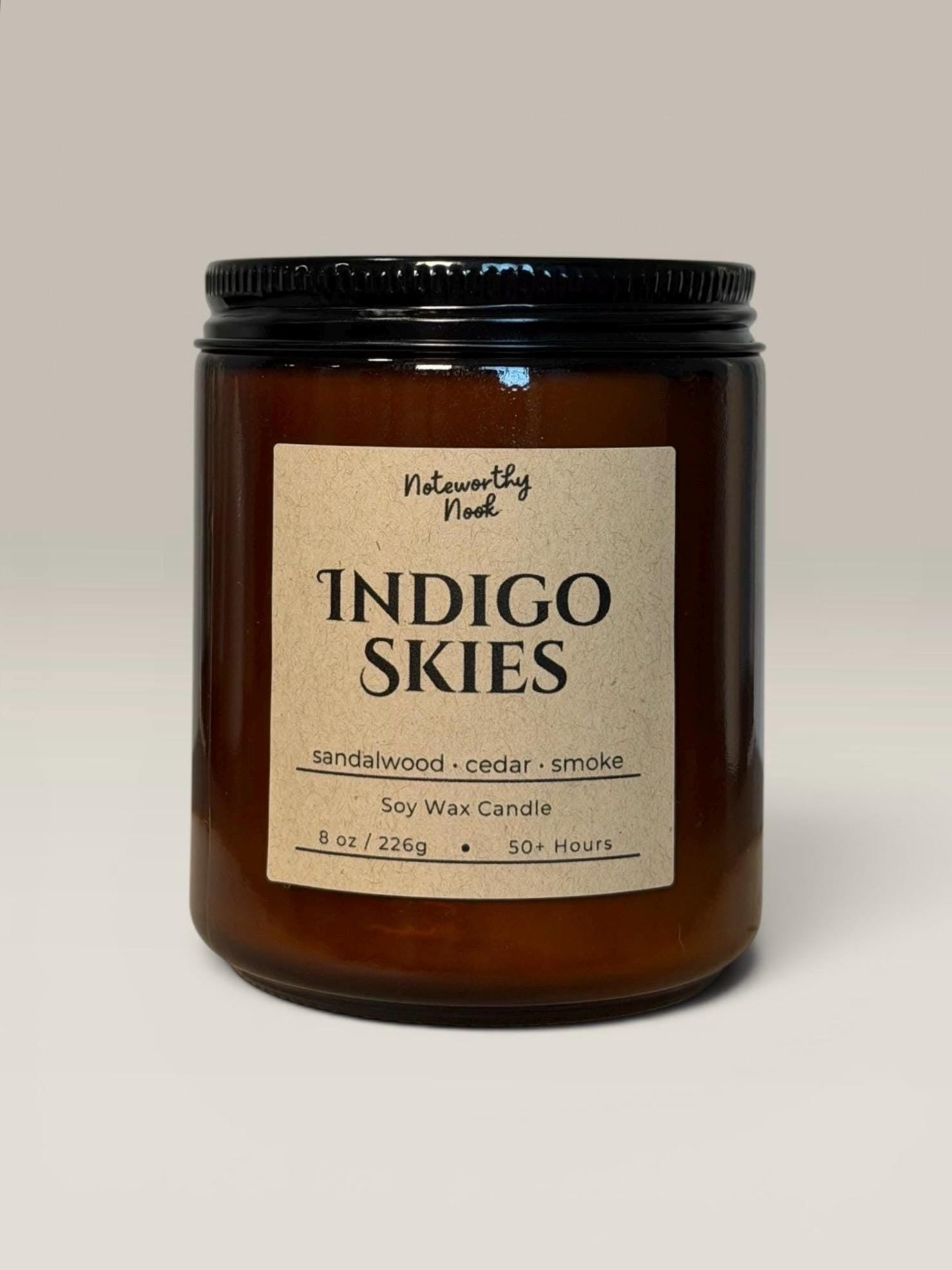 Sandalwood Cedar Candle, Warm Woodsy Scent, Cozy Musky Candle, Moody Aesthetic Gift, Leather Musk Notes, Indigo Skies