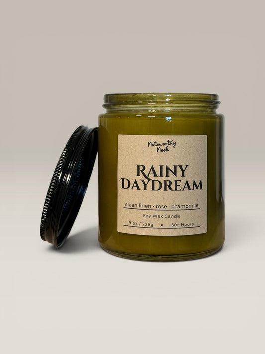 Rain Scented Candle, Fresh Linen & Wild Rose Fragrance, Cozy Earthy Soy Candle, Minimalist Home Decor, Mossy Woodland Candle, Rainy Daydream