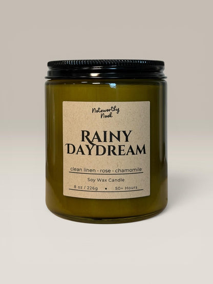 Rain Scented Candle, Fresh Linen & Wild Rose Fragrance, Cozy Earthy Soy Candle, Minimalist Home Decor, Mossy Woodland Candle, Rainy Daydream