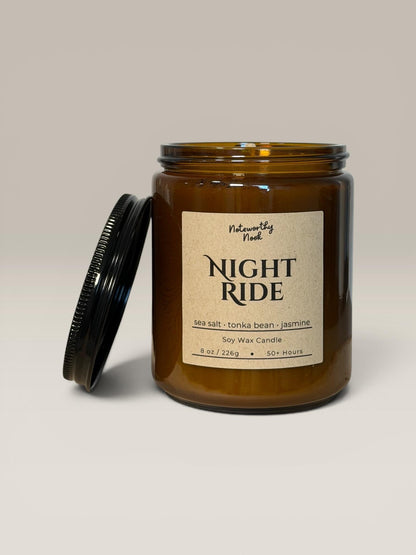 Sea Salt Tonka Candle, Fresh Clean Scent, Masculine Soy Candle, Cozy Aesthetic Gift, Musk Jasmine Candle, Night Ride
